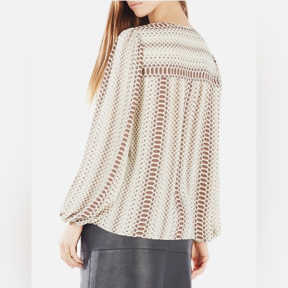 BCBGMaxAzria Lorella Pattern Long Balloon Sleeves Blouse Chiffon Career Formal - Picture 3 of 11